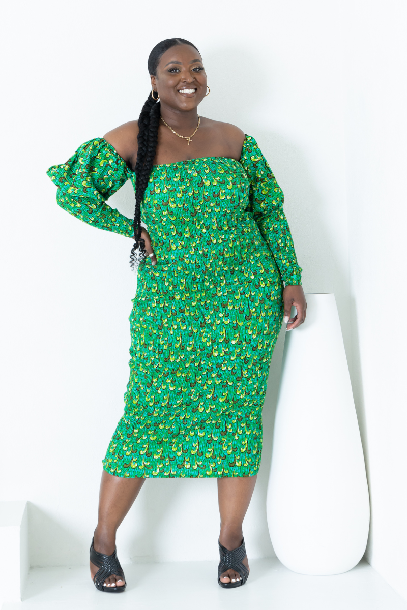 IYIN SMOCKED AFRICAN PRINTS DRESS (Green)